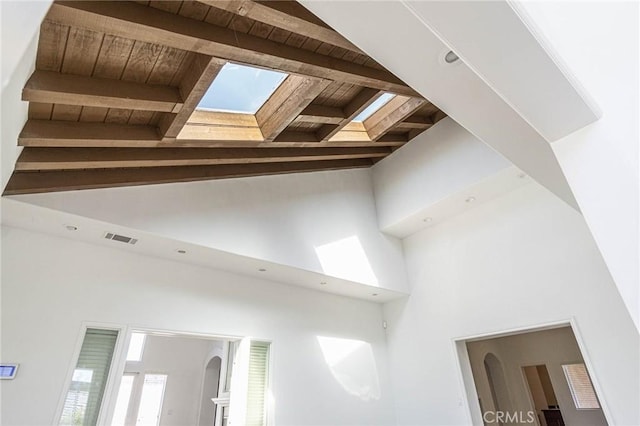 details with wooden ceiling, visible vents, and beamed ceiling