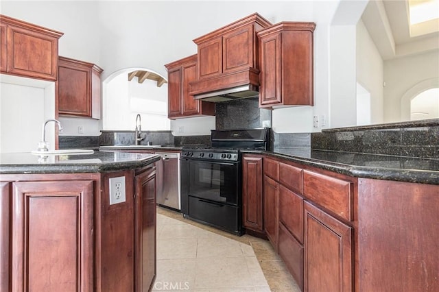 kitchen with a sink, black range with gas cooktop, dishwasher, and light tile patterned flooring