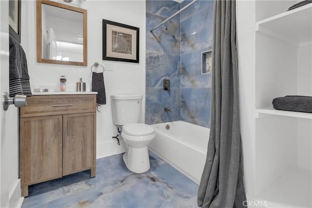 full bath featuring vanity, toilet, and shower / bathtub combination with curtain