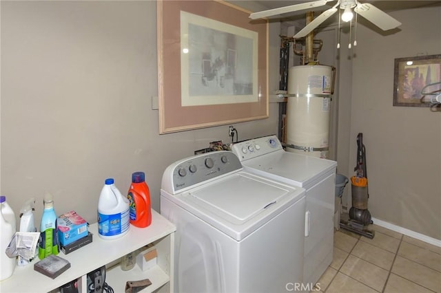 laundry room featuring secured water heater, a ceiling fan, light tile patterned flooring, laundry area, and independent washer and dryer