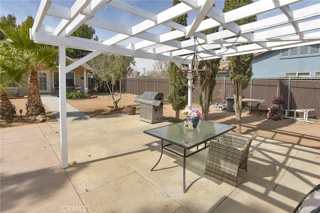 view of patio with outdoor dining area, a fenced backyard, a grill, and a pergola