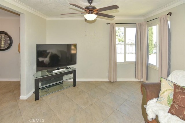 tiled living room featuring baseboards, ornamental molding, and a ceiling fan