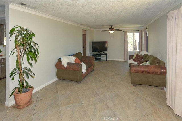 living room with a textured ceiling, baseboards, visible vents, and crown molding