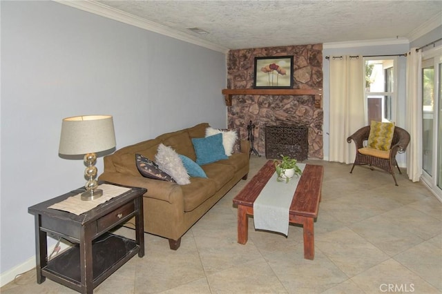 living area featuring a textured ceiling, a stone fireplace, ornamental molding, and baseboards