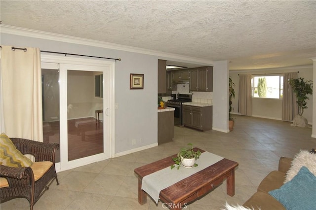 living area with crown molding, a textured ceiling, baseboards, and light tile patterned floors