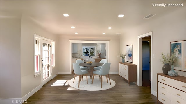 dining space featuring baseboards, dark wood-style flooring, and recessed lighting