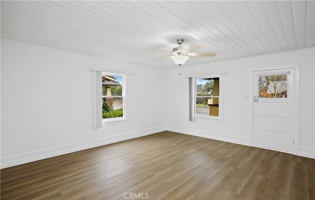 spare room with wood finished floors, a wealth of natural light, and baseboards