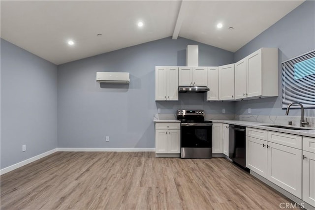 kitchen with electric range, light wood-style floors, dishwashing machine, under cabinet range hood, and a sink