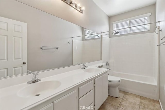 full bathroom with toilet, tile patterned flooring, double vanity, and a sink