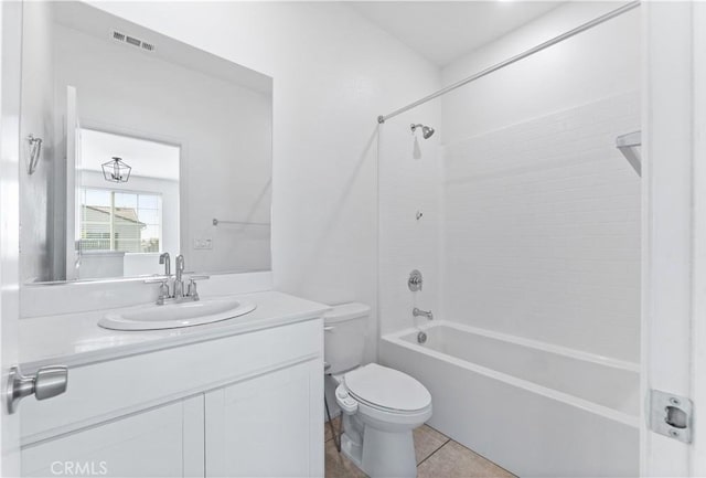 full bathroom with visible vents, toilet, tile patterned flooring, vanity, and shower / washtub combination