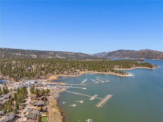 aerial view featuring a water and mountain view