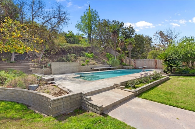 pool featuring a fenced backyard, a diving board, a lawn, and a patio