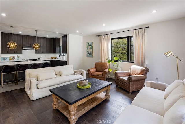 living area featuring recessed lighting and dark wood-style flooring