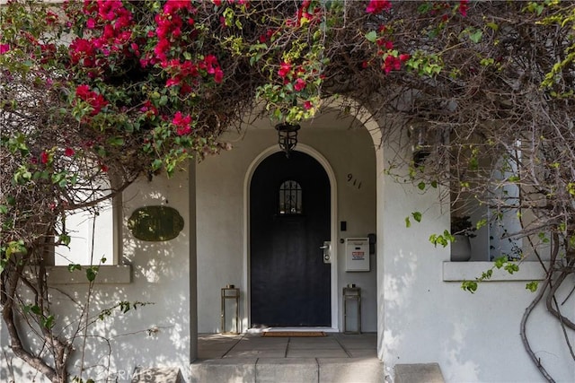 view of exterior entry with stucco siding