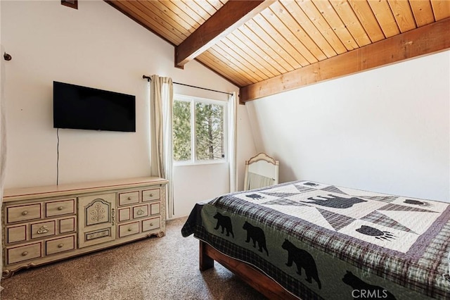 carpeted bedroom with vaulted ceiling with beams and wood ceiling