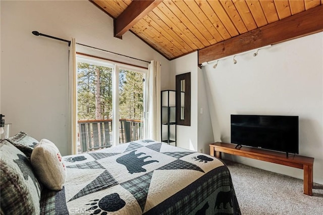 carpeted bedroom featuring vaulted ceiling with beams, access to outside, and wooden ceiling