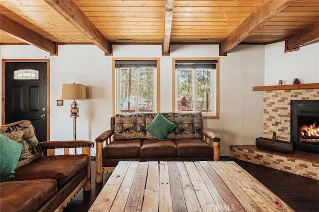 living area featuring a brick fireplace, wood ceiling, beam ceiling, and wood finished floors