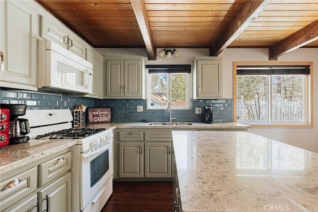 kitchen with white appliances, a sink, wood ceiling, and decorative backsplash