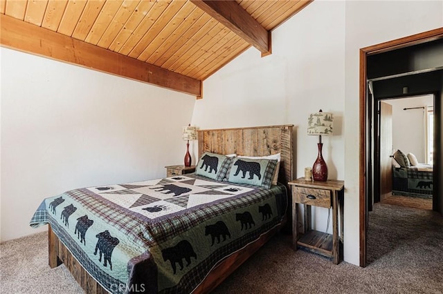 bedroom featuring lofted ceiling with beams, wooden ceiling, and carpet flooring