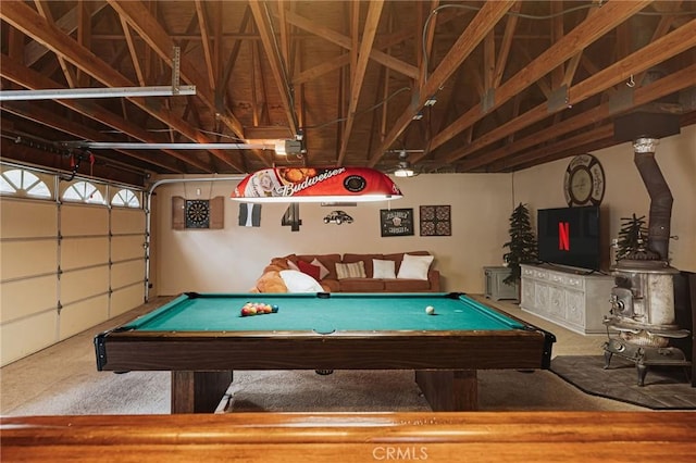 game room featuring a garage and billiards