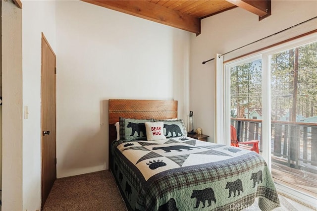 carpeted bedroom featuring wooden ceiling and beamed ceiling