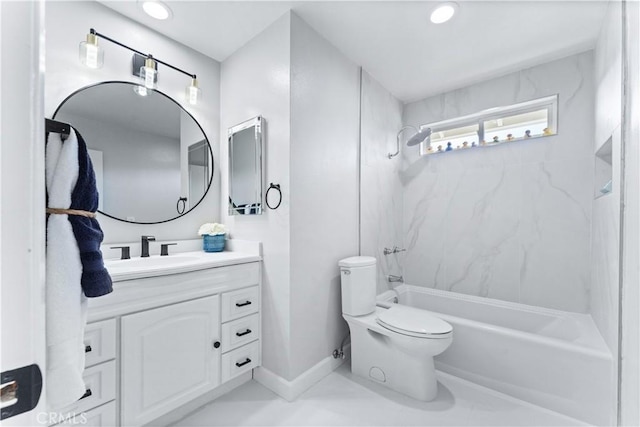 full bath with toilet, bathtub / shower combination, baseboards, and vanity