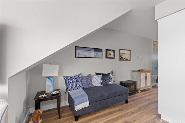 living area featuring lofted ceiling and wood finished floors