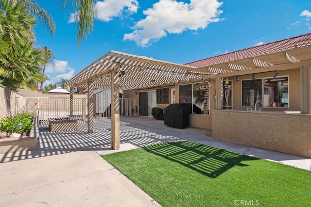 exterior space with fence private yard, a pergola, and a patio