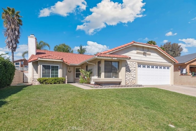 view of front facade featuring driveway, a garage, a chimney, a tiled roof, and a front lawn