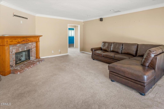 living room featuring ornamental molding, carpet, and a brick fireplace