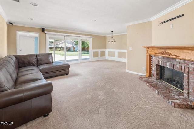 living area with recessed lighting, carpet flooring, baseboards, ornamental molding, and a brick fireplace