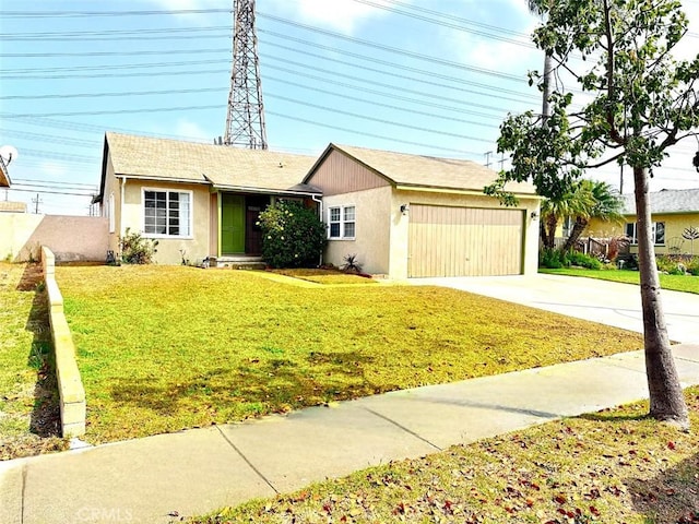 ranch-style house featuring an attached garage, stucco siding, concrete driveway, and a front yard