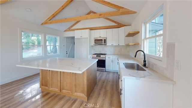 kitchen featuring tasteful backsplash, lofted ceiling, appliances with stainless steel finishes, open shelves, and a sink