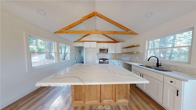 kitchen featuring stainless steel appliances, tasteful backsplash, a kitchen island, a sink, and light stone countertops