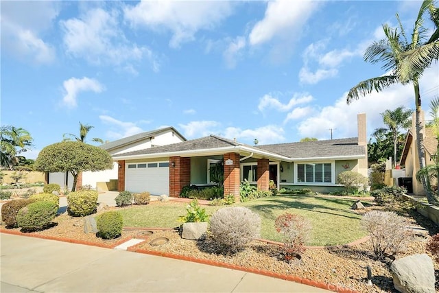 ranch-style house featuring driveway, brick siding, a front lawn, and an attached garage