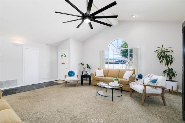 living room featuring ceiling fan, high vaulted ceiling, carpet floors, visible vents, and beamed ceiling