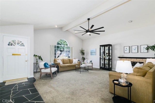 living area featuring a ceiling fan, dark colored carpet, lofted ceiling with beams, and baseboards