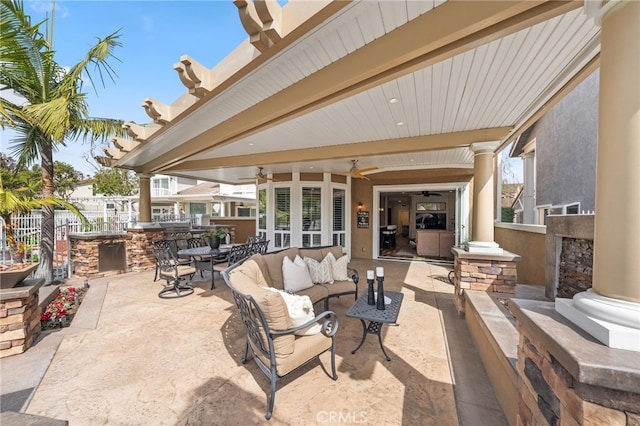 view of patio / terrace featuring outdoor dining area, ceiling fan, fence, and an outdoor hangout area