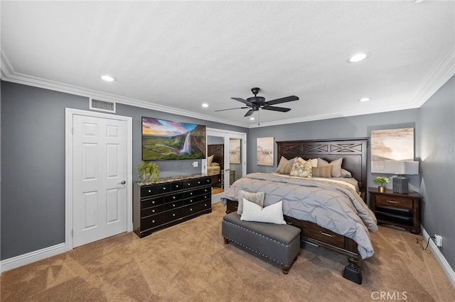 bedroom featuring crown molding, recessed lighting, visible vents, light carpet, and baseboards