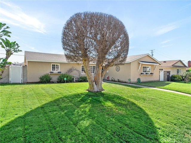 single story home with a front lawn and stucco siding