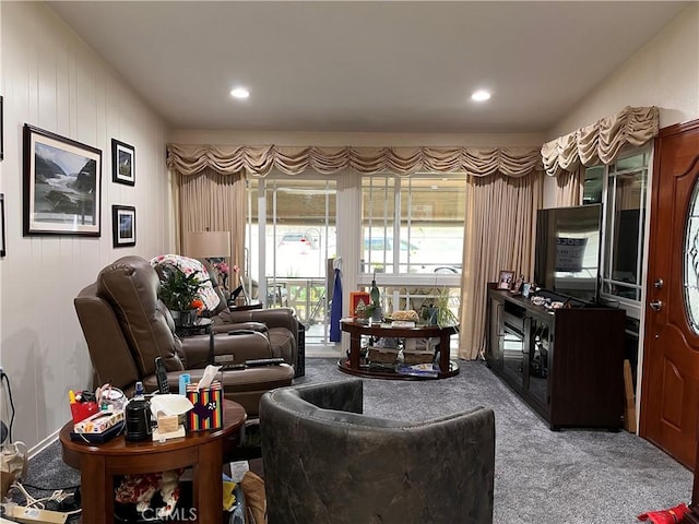 carpeted living room with recessed lighting