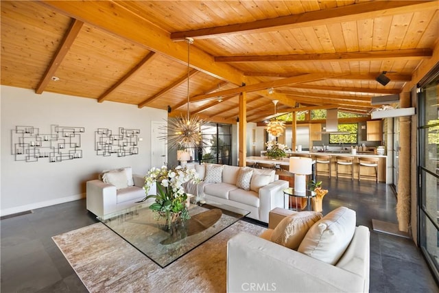 living area with a chandelier, baseboards, wood ceiling, and vaulted ceiling with beams