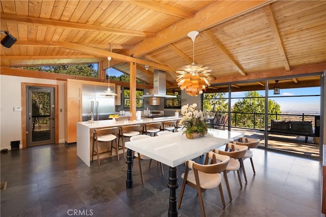 dining room with vaulted ceiling with beams, plenty of natural light, and wooden ceiling