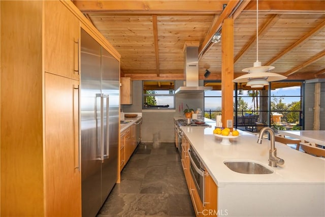 kitchen with stainless steel appliances, light countertops, a sink, island range hood, and wooden ceiling