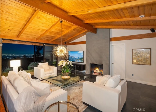 living area featuring vaulted ceiling with beams, a large fireplace, baseboards, and wooden ceiling