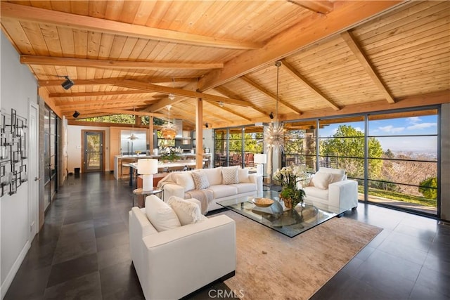 living room featuring vaulted ceiling with beams and wood ceiling