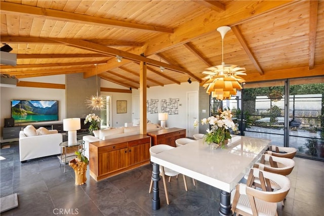 dining space featuring vaulted ceiling with beams and wooden ceiling