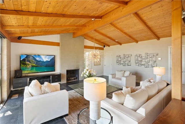 living area with lofted ceiling with beams, wood ceiling, a fireplace, and a chandelier