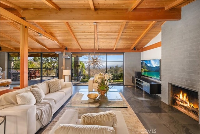 living room featuring a wealth of natural light, wooden ceiling, a fireplace, and lofted ceiling with beams