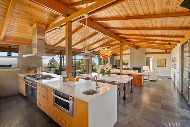 kitchen featuring lofted ceiling with beams, appliances with stainless steel finishes, open floor plan, a sink, and island range hood